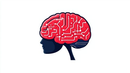 Aufkleber - Illustration of a human head silhouette with a red brain featuring circuit-like patterns, symbolizing technology and intelligence.