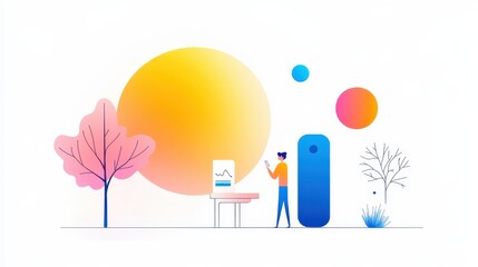 Person Analyzing Data on Tablet with Trees and Spheres in a Minimalist Colorful Landscape