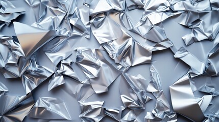 Poster - Close-up of chaotic arrangement of crumpled metallic silver foil pieces scattered across a muted gray surface creating an artistic textured background