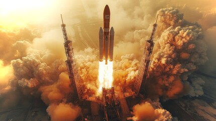 Poster - Rocket lifts off from the launch pad amid massive clouds of smoke and fire, demonstrating cutting edge propulsion technology during an exciting aerospace event in early evening.
