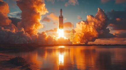 Poster - A rocket ascends into the atmosphere amidst vibrant colors of the sunset, surrounded by billowing clouds and reflection in calm waters, showcasing the power of modern aerospace technology.