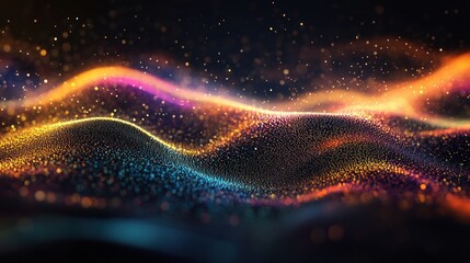 Poster - Artistic depiction of light wave spectrum shining with golden radiance and digital depth on gradient background