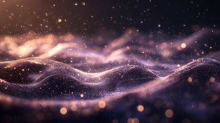 Poster - Abstract golden bokeh on dark blue purple background with glittering light wave for futuristic digital wallpaper