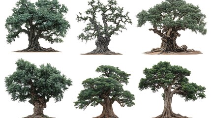 Six ancient olive trees isolated on white.