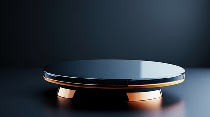 Poster - A sleek circular dark blue platform with a copper base elegantly displayed on a dark surface against a shadowy backdrop, creating a modern aesthetic appeal