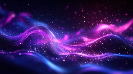 Poster - Dynamic abstract landscape of flowing sparkling particles in a vibrant color scheme of blue and purple