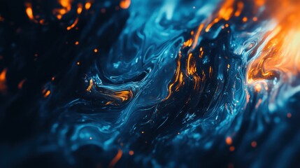 Poster - Abstract macro texture with dark blue hues and vibrant orange light creating a dynamic artistic pattern