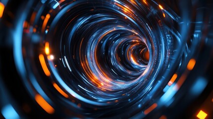 Poster - Abstract technology with cosmic tunnel digital blue orange lines data stream futuristic background