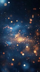 Poster - Ethereal galaxy with radiant golden starbursts on a deep blue cosmic backdrop in bokeh dreamy photography