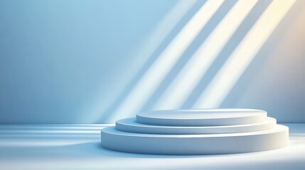 Poster - three concentric circular platforms in a minimalist blue room illuminated by diagonal sunlight creat