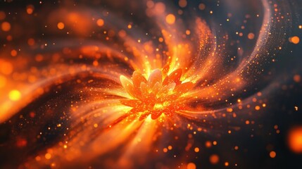Poster - Abstract orange floral design glowing with light on dark background in a stunning spiral shape