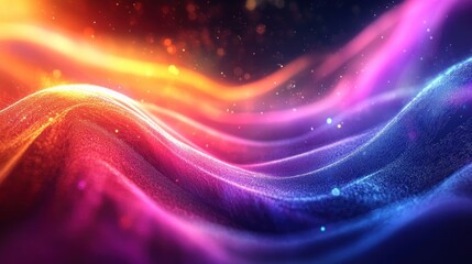 Poster - Abstract Colorful Gradient Background with Glowing Particles Dynamic Wavy Forms Orange Pink Blue Sparkles Elegant Digital Art