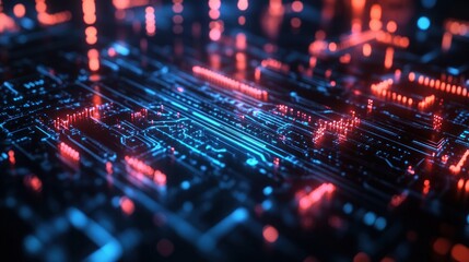 Poster - Electronic Circuit Board with Glowing Red and Blue Lights Immersive High Tech Visual Background