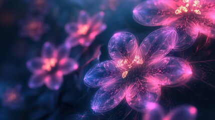 Poster - Captivating abstract flowers in luminous pink and blue hues creating a magical and dreamy atmosphere with soft focus background