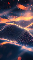Poster - Abstract data stream visualization with glowing dots on dark blue background generating network wave structure