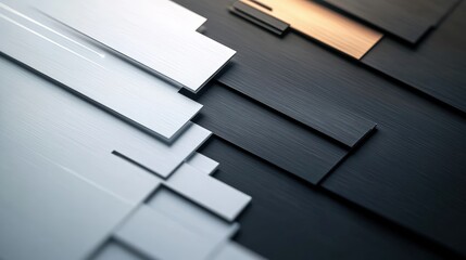 Poster - abstract close-up of overlapping rectangular shapes in shades of white, black, and bronze creating a