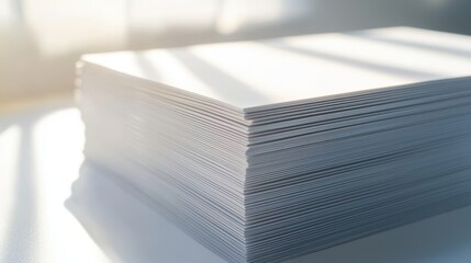 Poster - Stacked plain paper casting light shadow on white table surface concept for business and office work