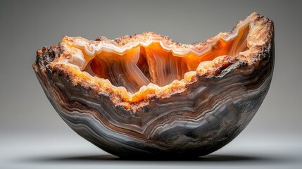 Poster - Meticulously carved agate geode bowl showcasing unique organic shape with polished swirling bands of orange, brown, and white in stunning detail