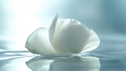 Poster - Delicate white petal floating gracefully on shimmering water surface in a serene light background