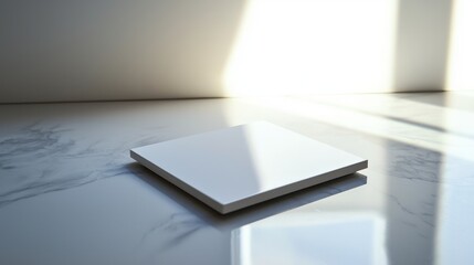 Poster - Clean white square platform on marbled surface showcasing minimalist design with sunlight in background