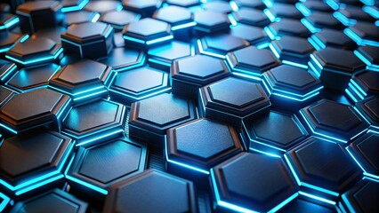 Honeycomb Structure: An array of futuristic metallic hexagons with vibrant blue glowing accents, suggesting technology and innovation.