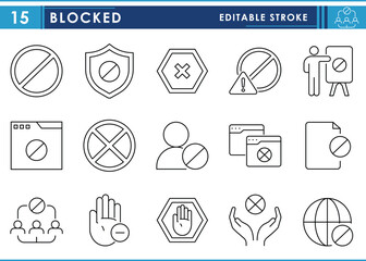 Poster - A set of line icons related to Blocked. Block, restrict, cross, warning, internet, document, and so on. Vector editable stroke.