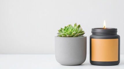 Poster - A modern arrangement featuring a succulent plant in a gray pot alongside a lit candle, creating a serene and stylish ambiance.