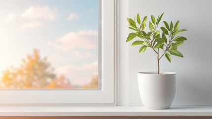 Poster - A small green plant in a white pot sits on a windowsill, with a soft, natural background visible through the window.