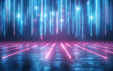 Poster - Vibrant neon lights create mesmerizing atmosphere with vertical beams and glowing floor, evoking sense of energy and excitement