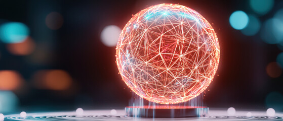 Poster - glowing abstract globe made of flowing neon lines, showcasing intricate patterns and vibrant colors, evokes sense of modern technology
