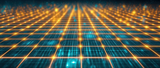 Poster - Futuristic neon grid pattern with glowing blue and orange lights creating mesmerizing abstract surface, evoking sense of technology and innovation