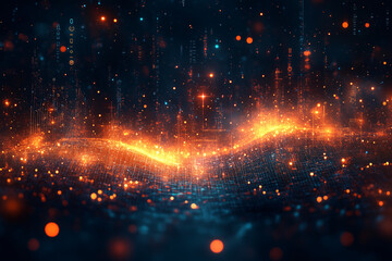 Poster - Abstract Digital Landscape: A vibrant and dynamic digital illustration, featuring streams of data and glowing particles forming a breathtaking cityscape and highlighting the wonders of digital space