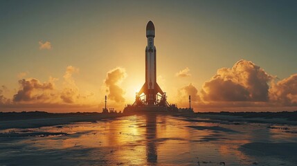 Poster - Rocket stands tall on the launchpad as the sun sets, illuminating the clouds with a warm glow while highlighting the advancements in spaceflight and recovery systems.
