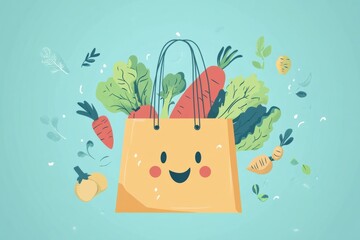 Poster - Vegetables joyfully leaping out of a shopping bag in a fun and colorful cartoon illustration Generative AI