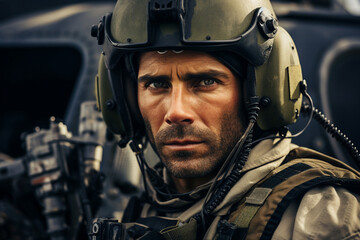 Leinwandbilder - Generated with ai image of male brave soldier wearing camouflage during a military operation fighting for freedom