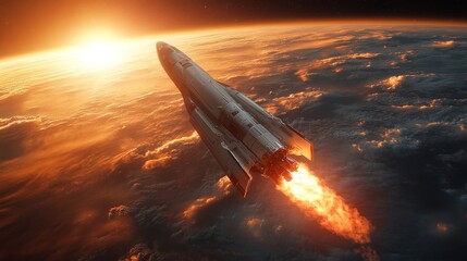 Aufkleber - A rocket ascends into the sky, equipped with powerful boosters igniting retropropulsion flames. The sun sets on the horizon, illuminating clouds beneath the spacecraft.