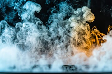 Poster - Abstract image of billowing smoke against a dark background, with dynamic blue and yellow lighting, showcasing ethereal patterns and atmospheric texture.
