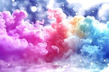 Poster - A vibrant display of multicolored smoke clouds blending together with subtle light reflecting, creating dreamy and colorful abstract background texture for various applications.