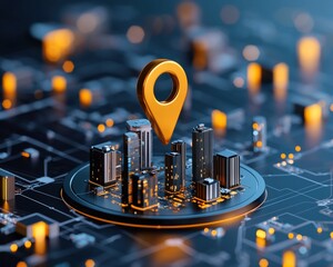 Poster - A map pin over a futuristic skyscraper highlighting green architecture