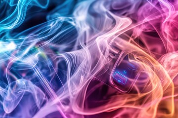Poster - A vibrant, abstract display featuring colorful smoke patterns enveloping a modern smartphone, perfect for tech, design and abstract concepts. Mesmerizing.
