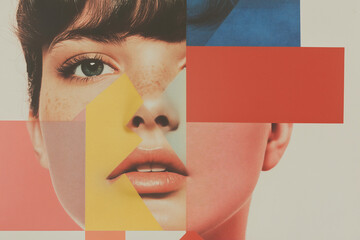 Poster - Abstract Face: A striking and modern artwork features a woman's face deconstructed and reassembled with geometric shapes and vibrant colors, playing with the interplay of form and emotion.