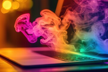 Poster - A modern laptop radiating vibrant, ethereal smoke in a spectrum of colors, creating an abstract and dynamic representation of digital creativity and innovation.