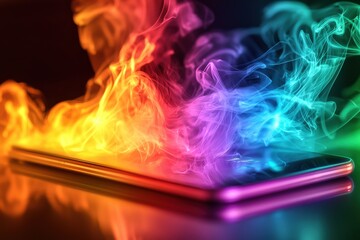  - smartphone with vibrant multicolored smoke emanating from the screen, creating a modern abstract, pe