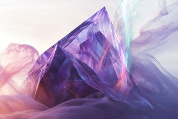 Poster - Abstract crystal mountains with flowing smoke and ethereal light, creating a surreal and dreamlike landscape for modern design projects and artistic visuals.