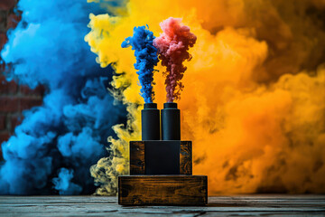 Poster - A vibrant composition showcasing dual smoke plumes in contrasting blue and red hues against a dynamic background of yellow and blue clouds, atop a wooden base.
