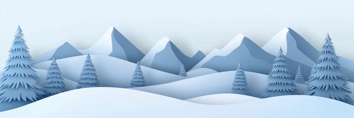 Leinwandbilder - Winter landscape showcasing paper cut style with snowy mountains and pine trees under a gentle blue gradient sky Generative AI