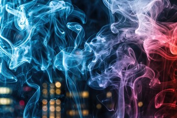 Poster - A dynamic interplay of blue and red smoke swirls against an urban background, creating an abstract and visually striking atmosphere with city lights and patterns.