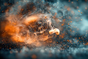 Poster - A mesmerizing abstract composition featuring orange smoke and particles against a dark backdrop, creating a dreamy and ethereal visual texture with flowing shapes.