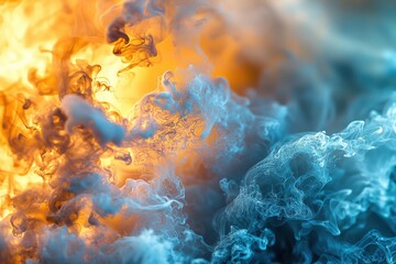 Poster - A mesmerizing abstract background featuring dynamic swirls of blue and orange smoke, creating a captivating interplay of warm and cool tones, evocative and artistic.