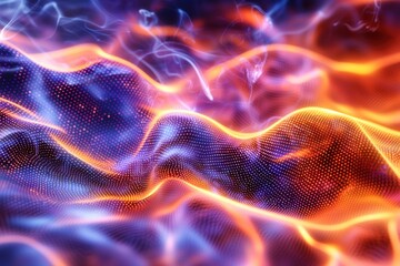 Poster - An intricate digital rendering showcases undulating waves with a dotted pattern, transitioning between vibrant orange and blue hues, creating a futuristic, abstract landscape.